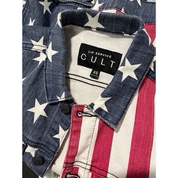 Lip Service Cult Womens Flag Patriotic Denim Independence Day Trucker Jacket XS - Picture 8 of 13